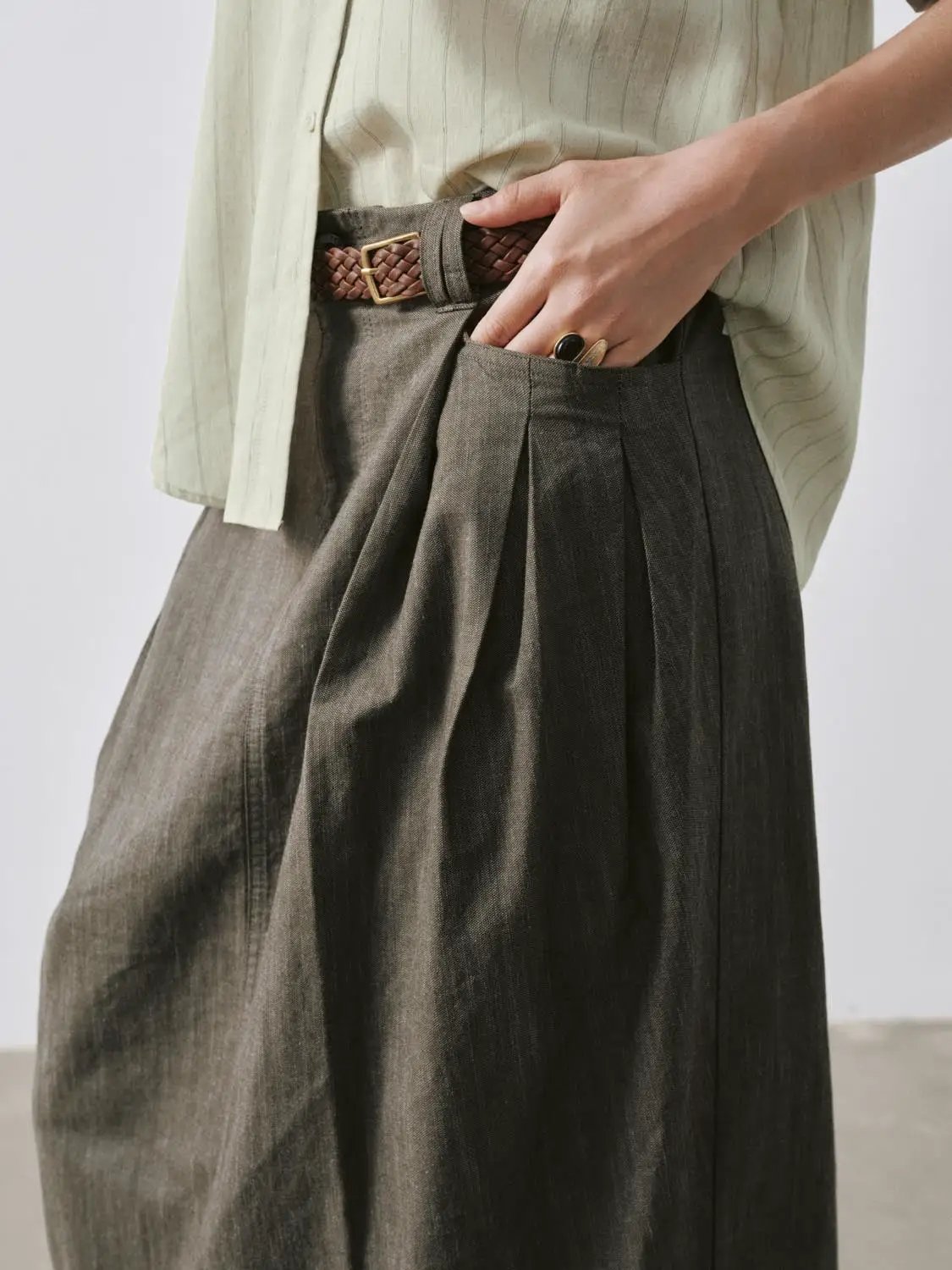 High Waist Pleated Belted Pocket Cotton Balloon Midi Skirt