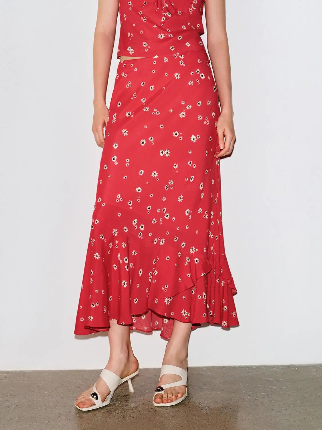 Bright Red Floral Ruffle Hem Midi Lightweight Skirt