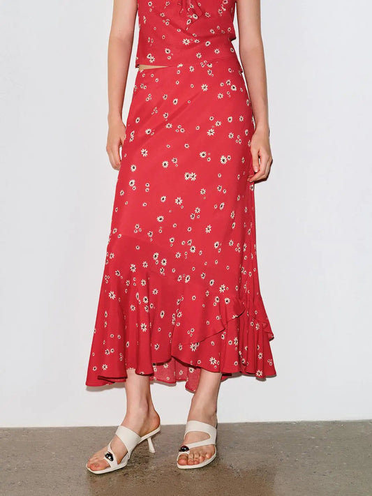 Bright Red Floral Ruffle Hem Midi Lightweight Skirt