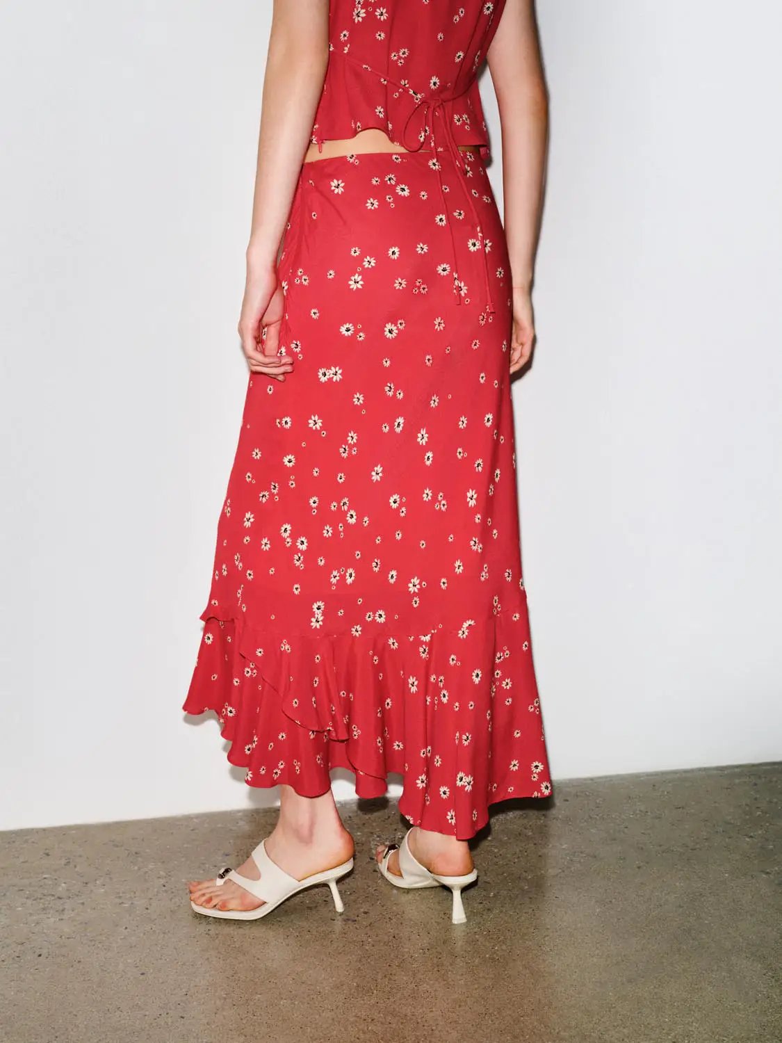Bright Red Floral Ruffle Hem Midi Lightweight Skirt