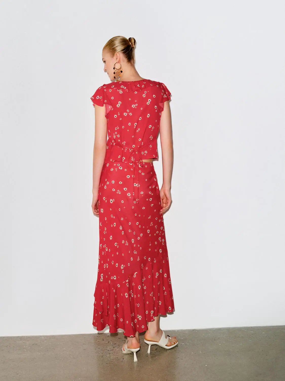 Bright Red Floral Ruffle Hem Midi Lightweight Skirt