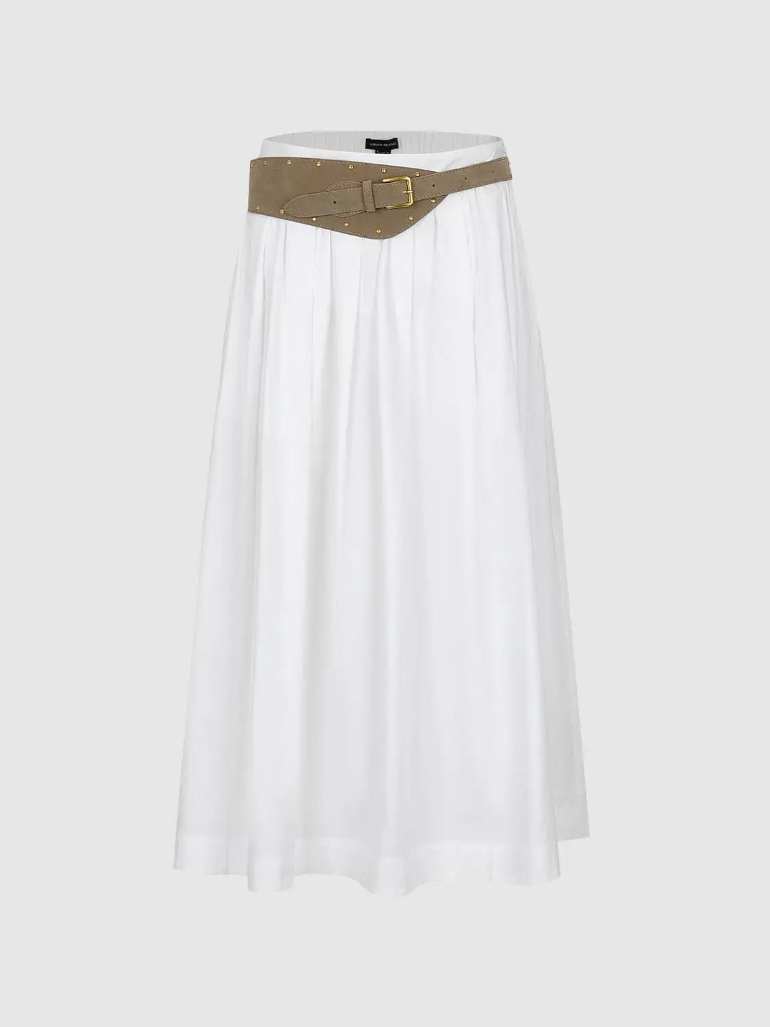 A-line Cotton White Solid Belted Maxi Skirt