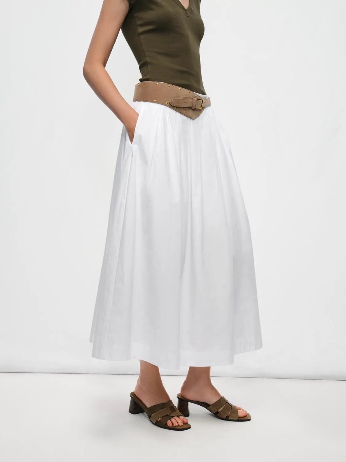 A-line Cotton White Solid Belted Maxi Skirt