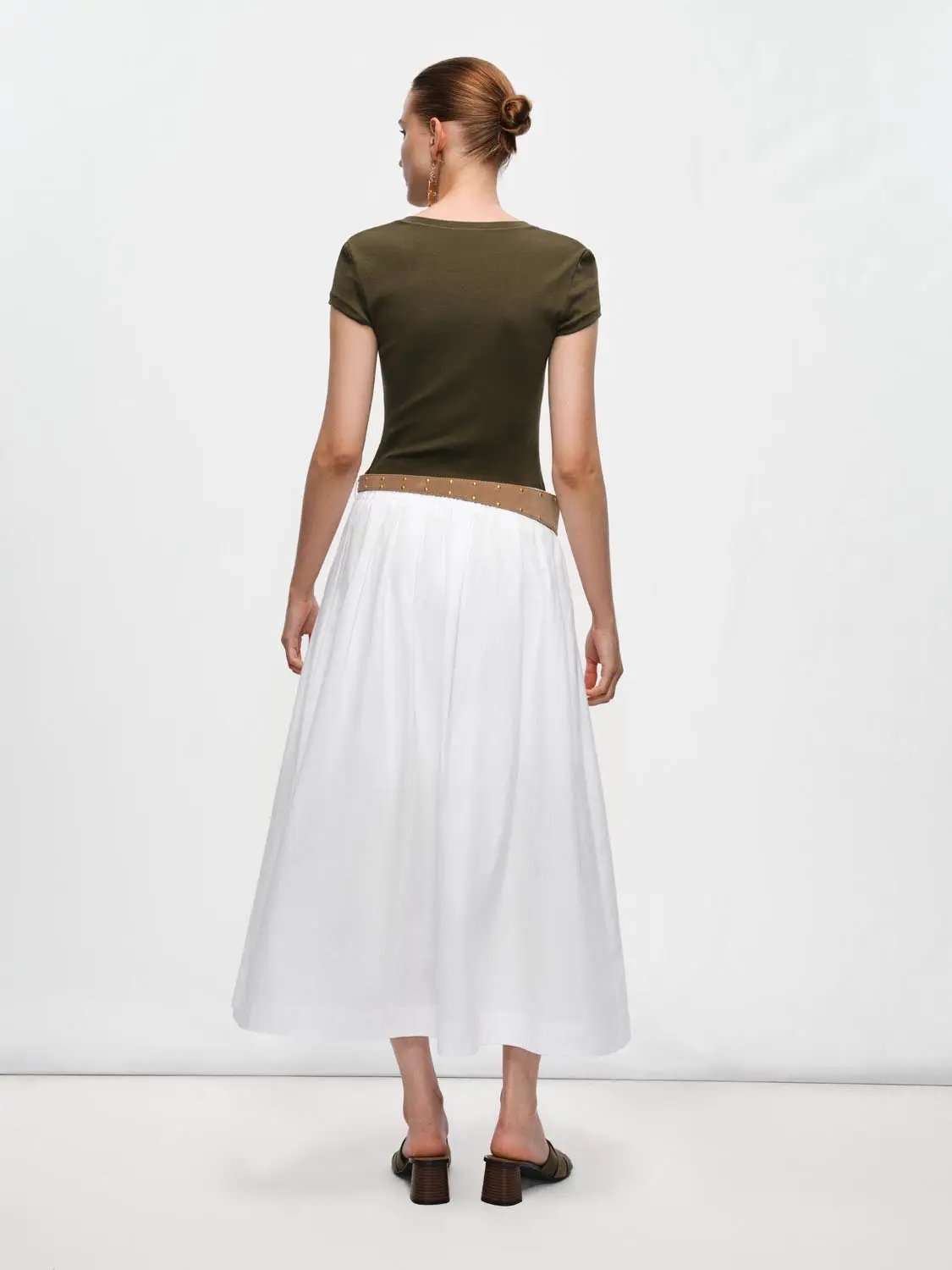 A-line Cotton White Solid Belted Maxi Skirt