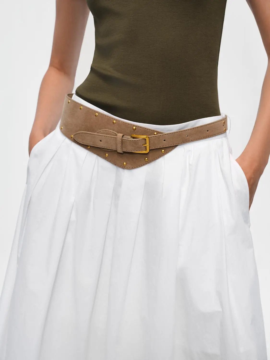 A-line Cotton White Solid Belted Maxi Skirt