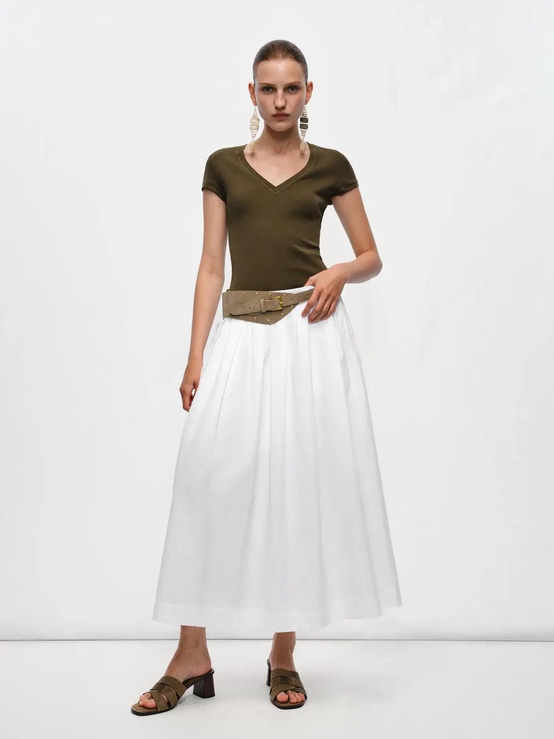 A-line Cotton White Solid Belted Maxi Skirt