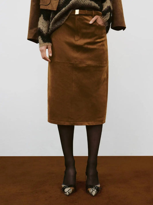 Textured Belted Mid-rise Straight Midi Skirt