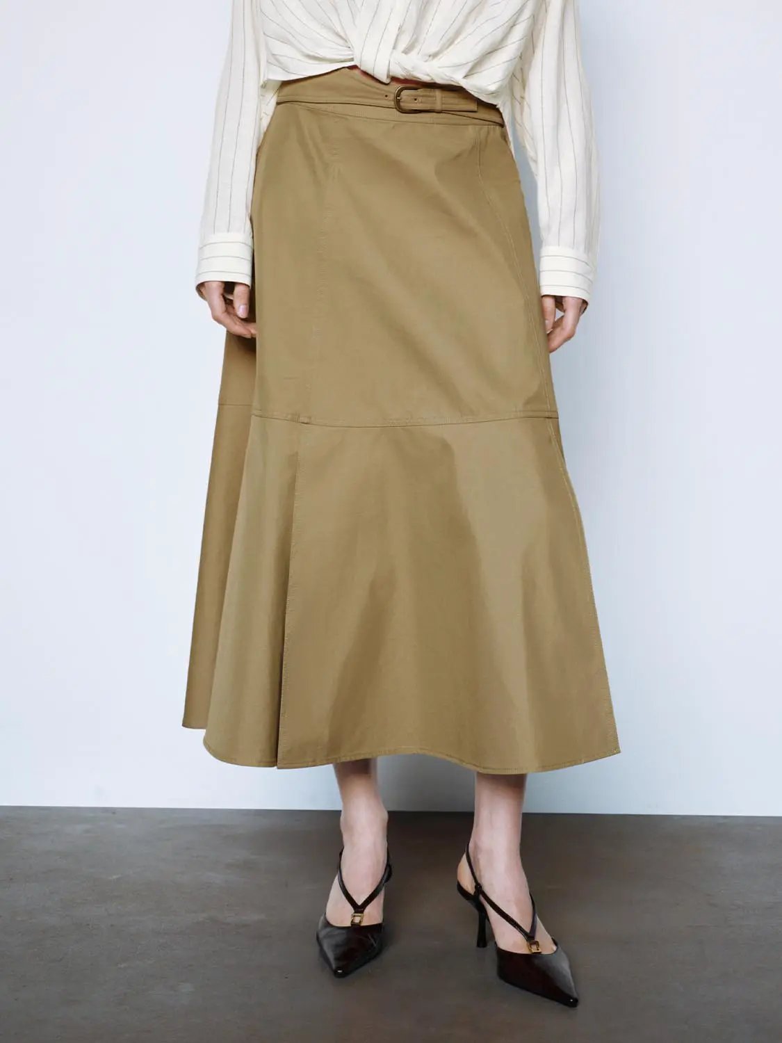 Mid-rise Belted Panelled Cotton Blend Midi Skirt