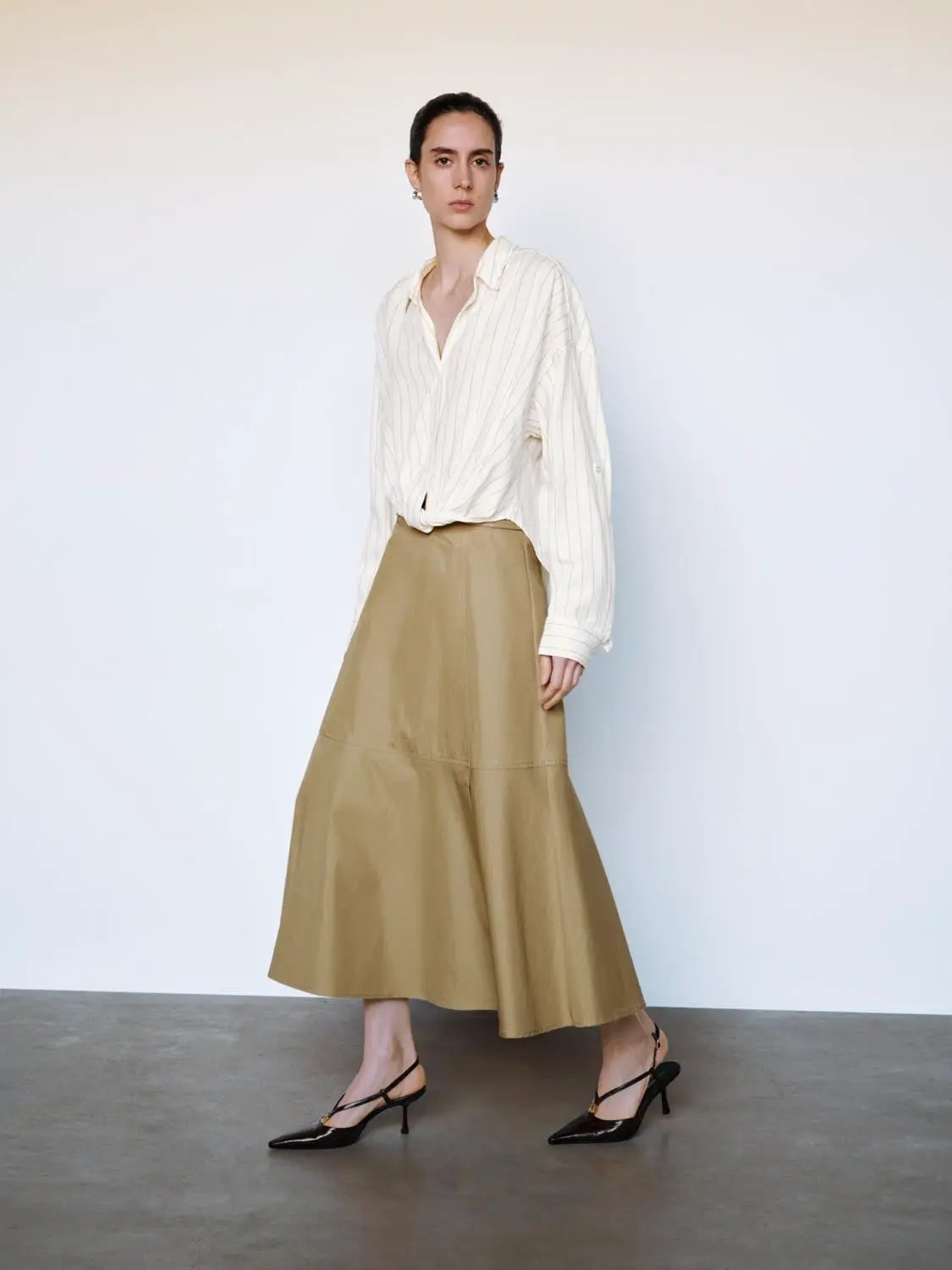 Mid-rise Belted Panelled Cotton Blend Midi Skirt