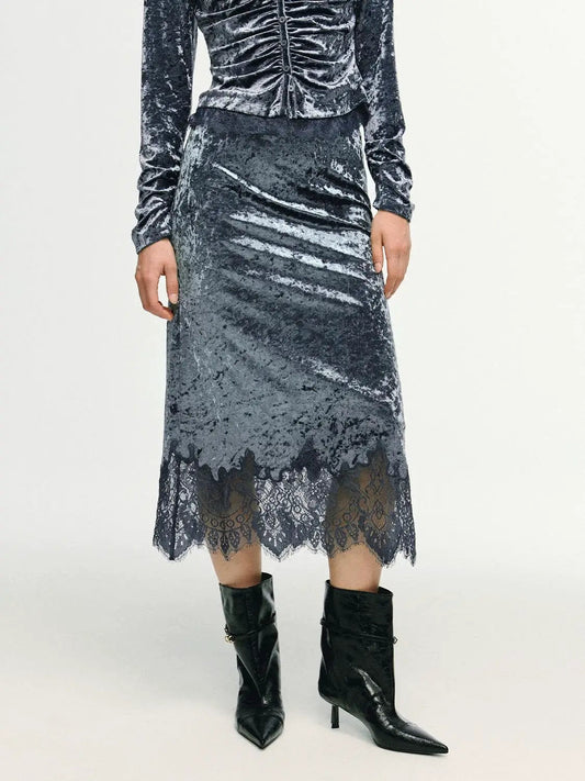 Scalloped Lace Hem Crushed Textured H-line Skirt
