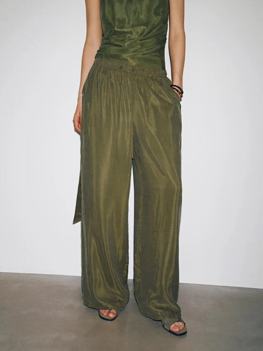 Elastic Waist Drawstring Pull On Satin Wide Leg Pants