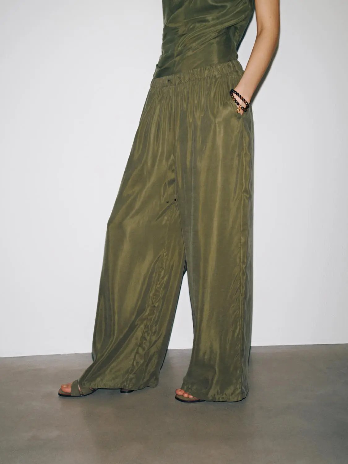 Elastic Waist Drawstring Pull On Satin Wide Leg Pants