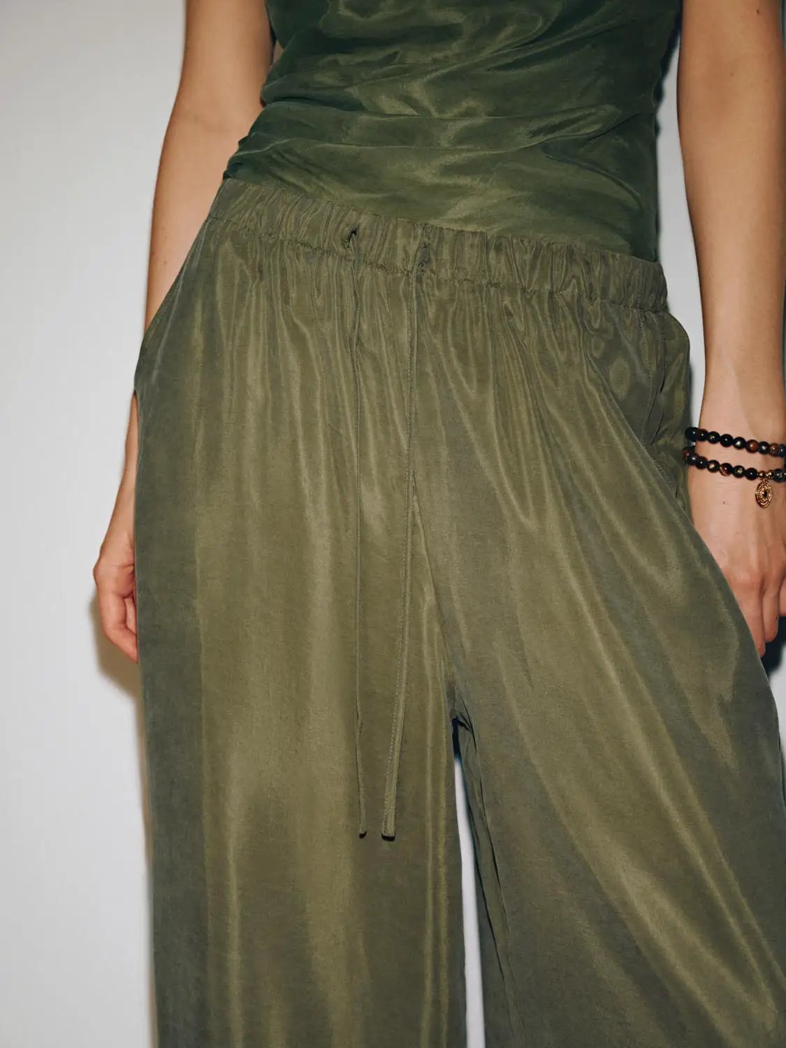 Elastic Waist Drawstring Pull On Satin Wide Leg Pants
