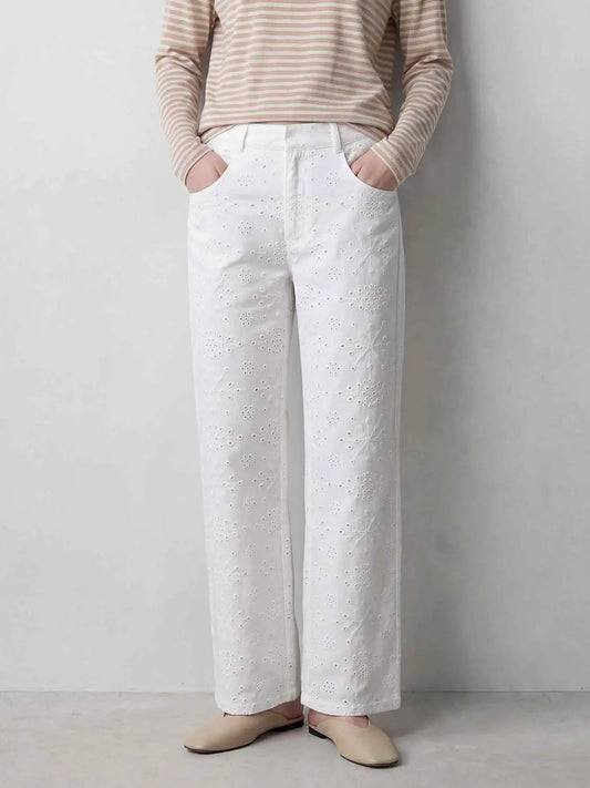 Eyelet Embroidered Straight-Leg Cotton Pants