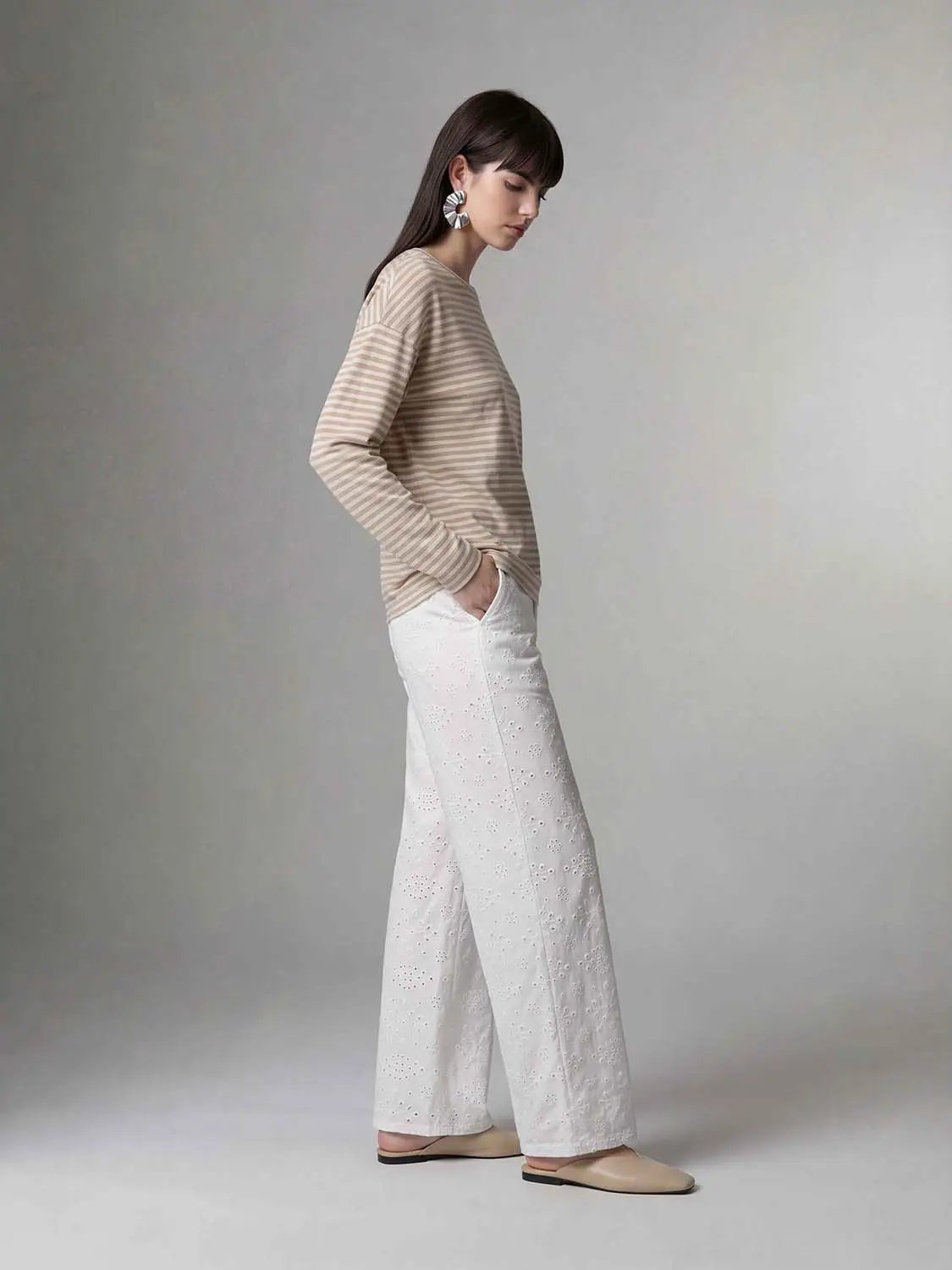 Eyelet Embroidered Straight-Leg Cotton Pants