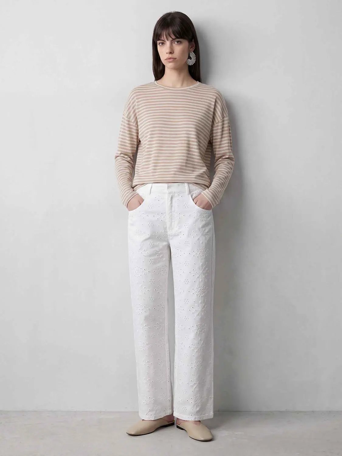 Eyelet Embroidered Straight-Leg Cotton Pants