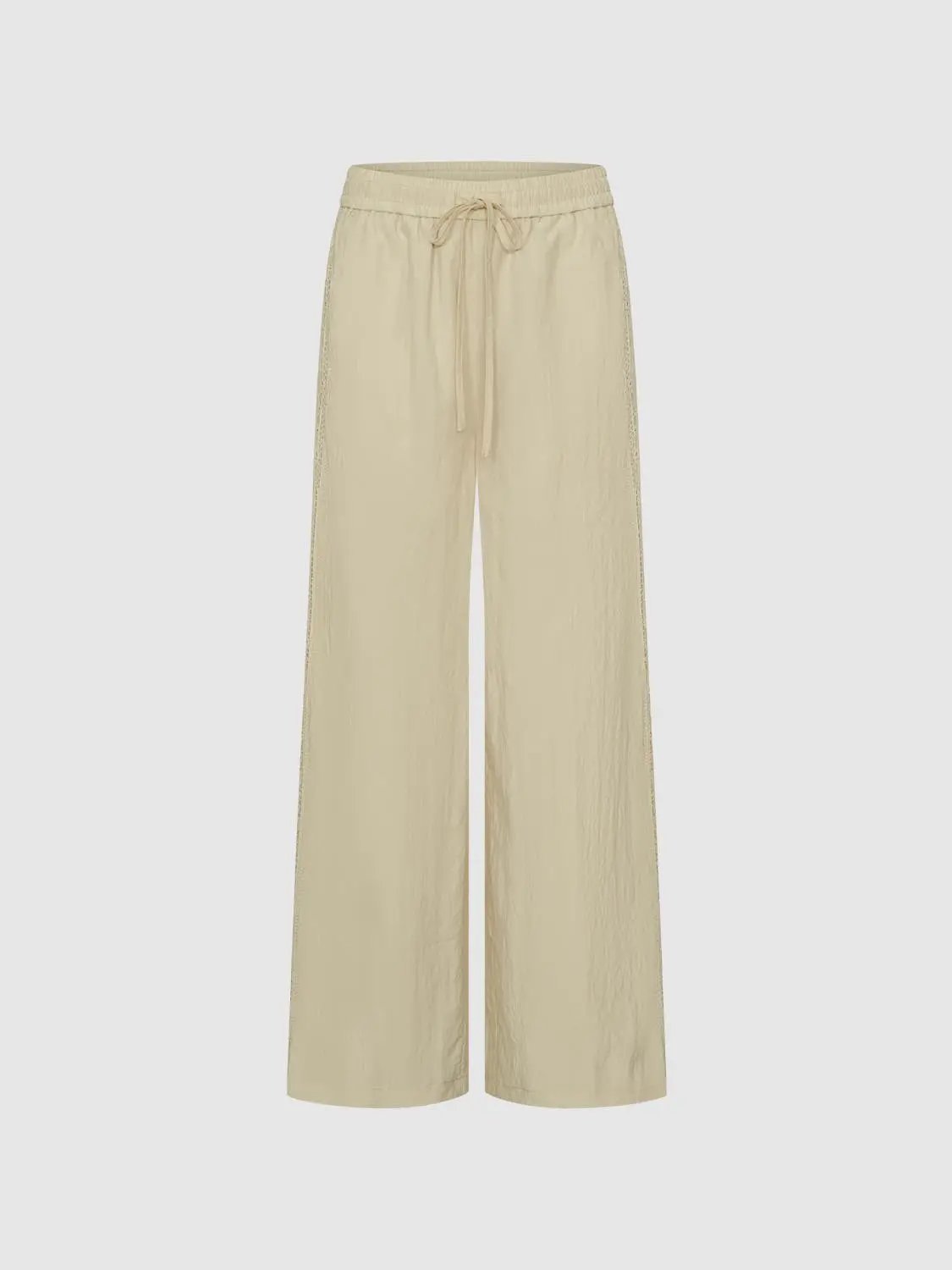 Lace Side Panel Textured Tie Waist Wide-leg Pants