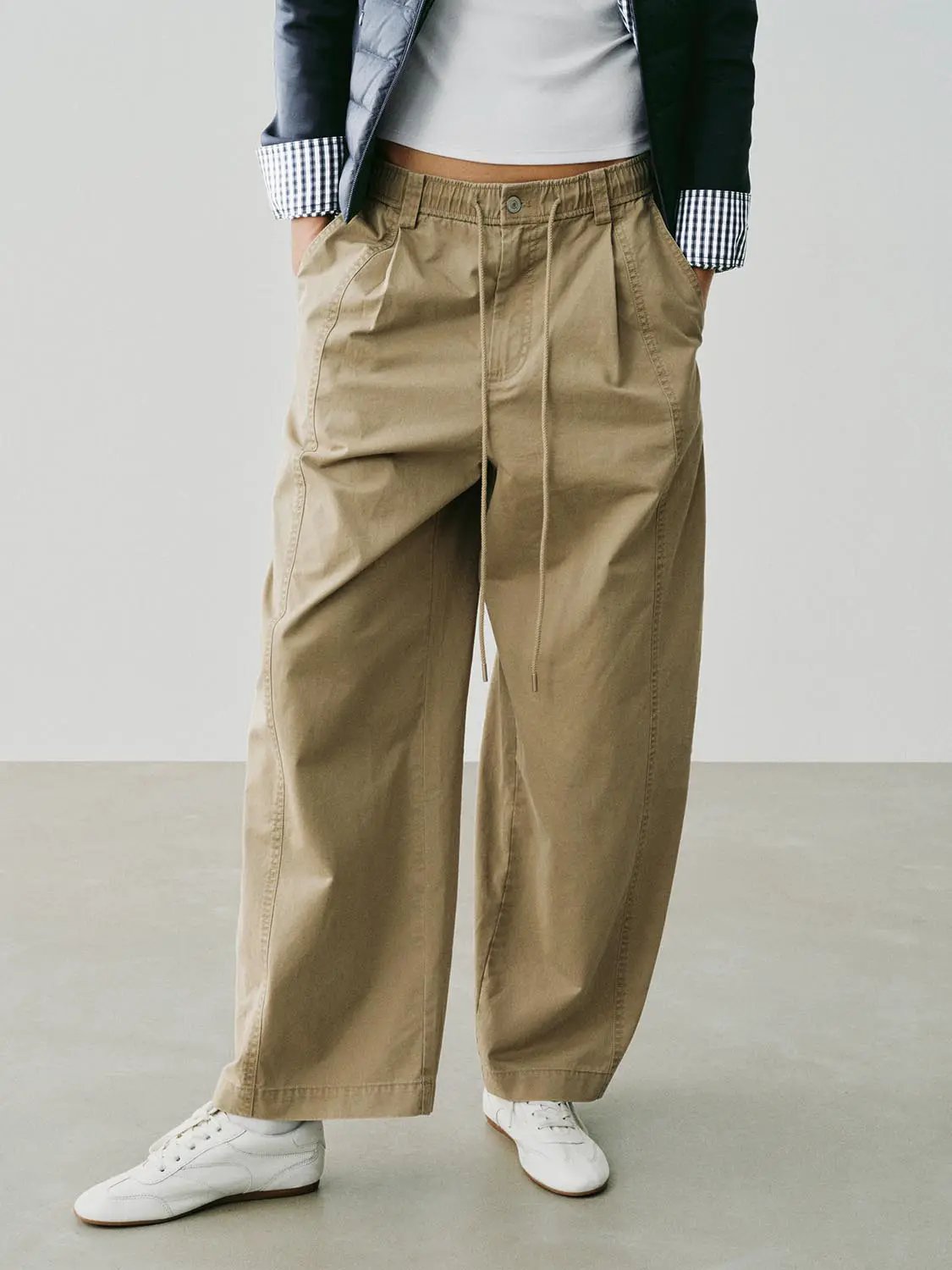 Elastic Drawstring Panelled Cotton Tapered Pants