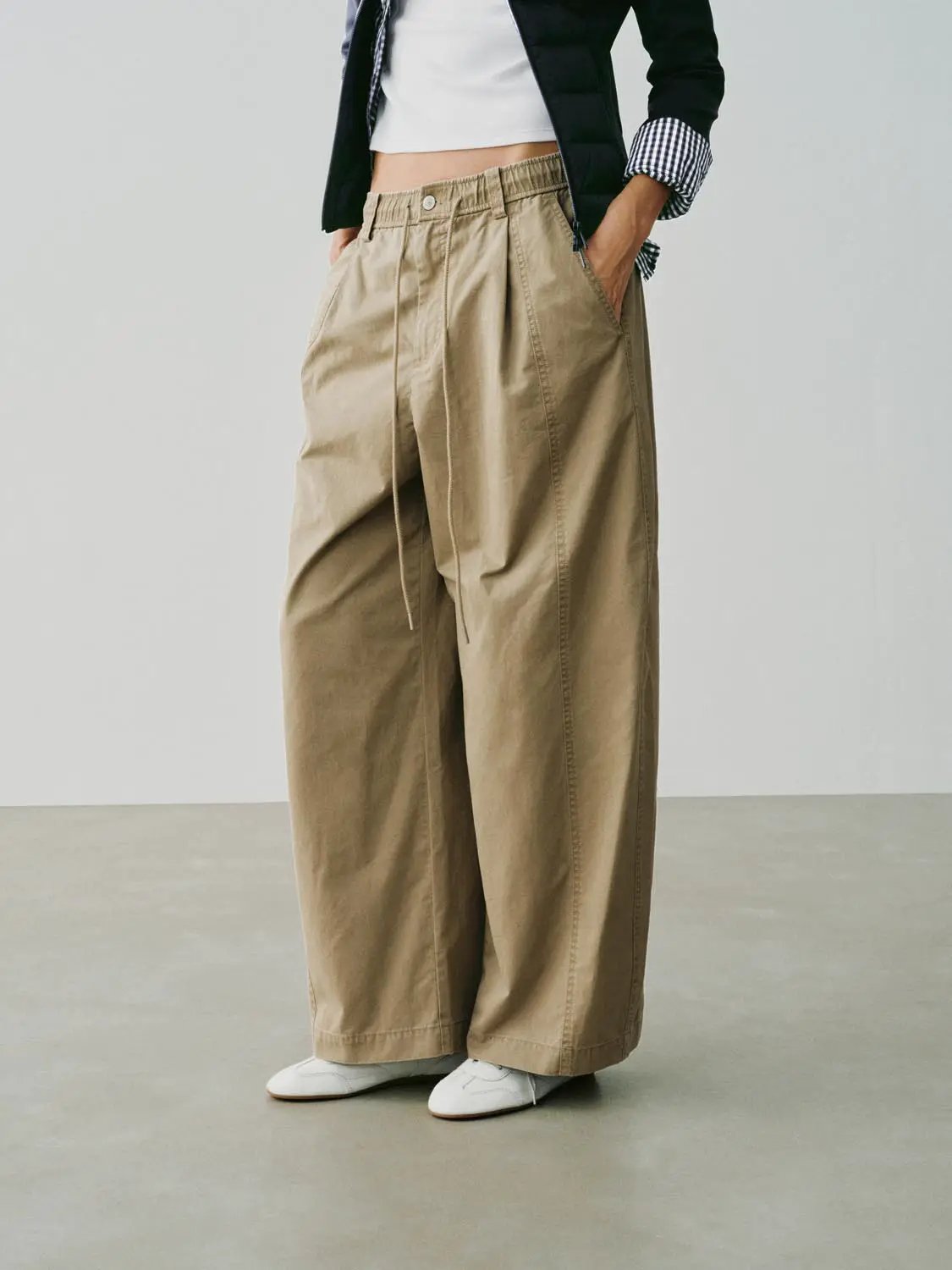 Elastic Drawstring Panelled Cotton Tapered Pants