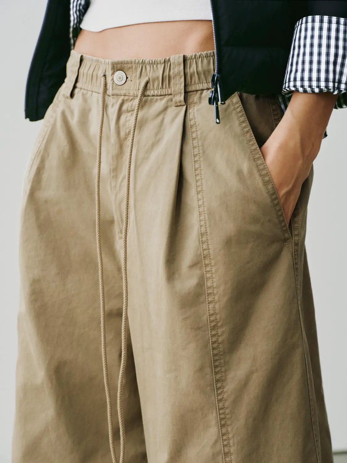 Elastic Drawstring Panelled Cotton Tapered Pants