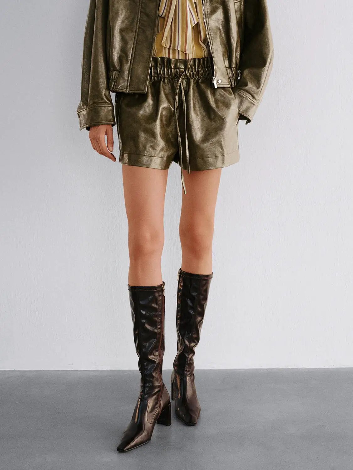 Metallic Coated Drawstring Elastic Waist Shorts