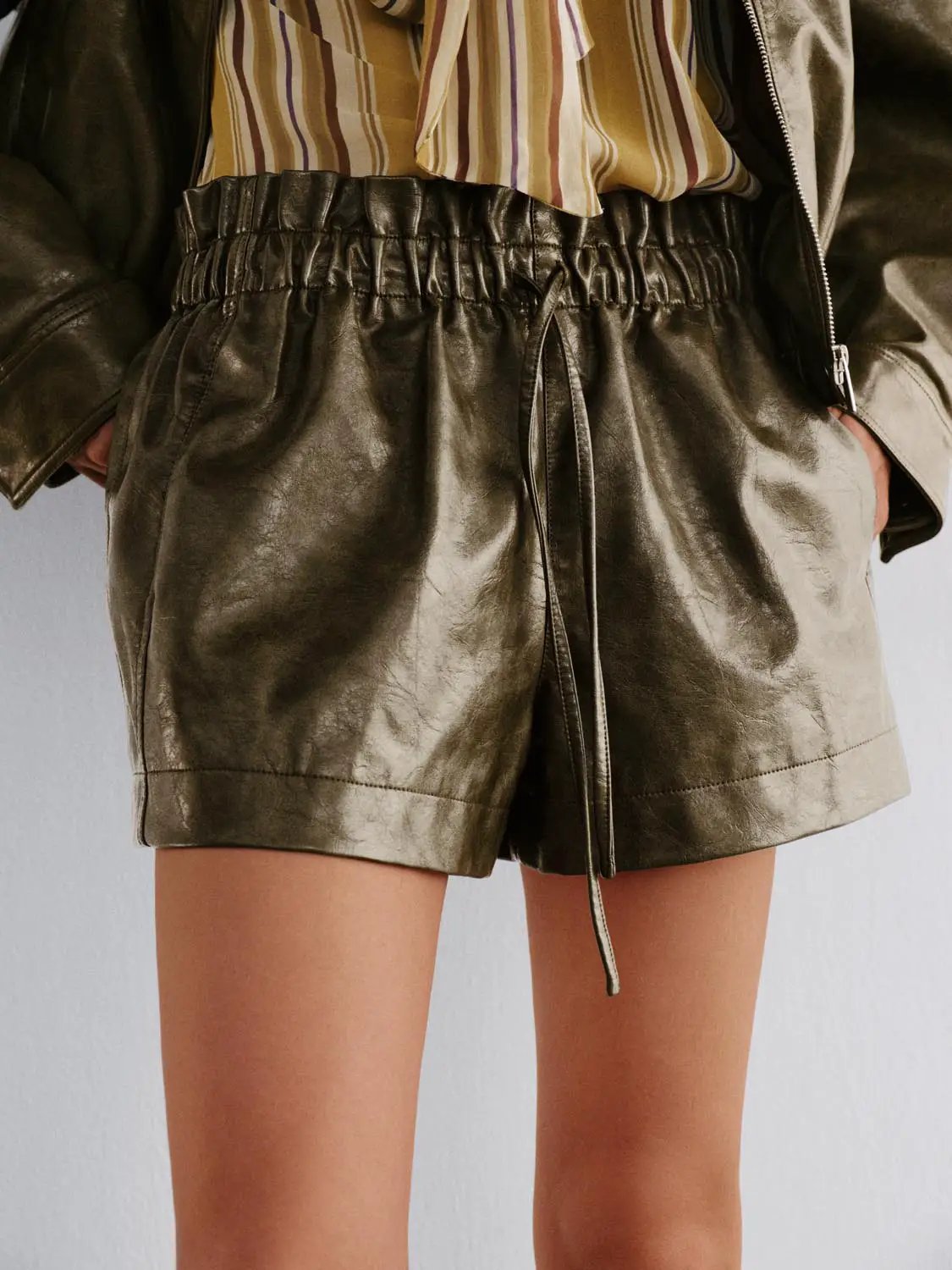Metallic Coated Drawstring Elastic Waist Shorts