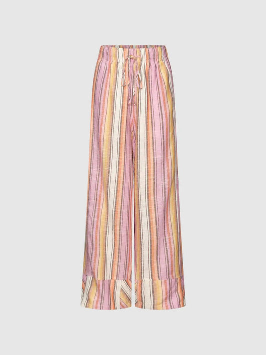 Drawstring Waist Striped Cuffed Linen Blend Wide-leg Pants