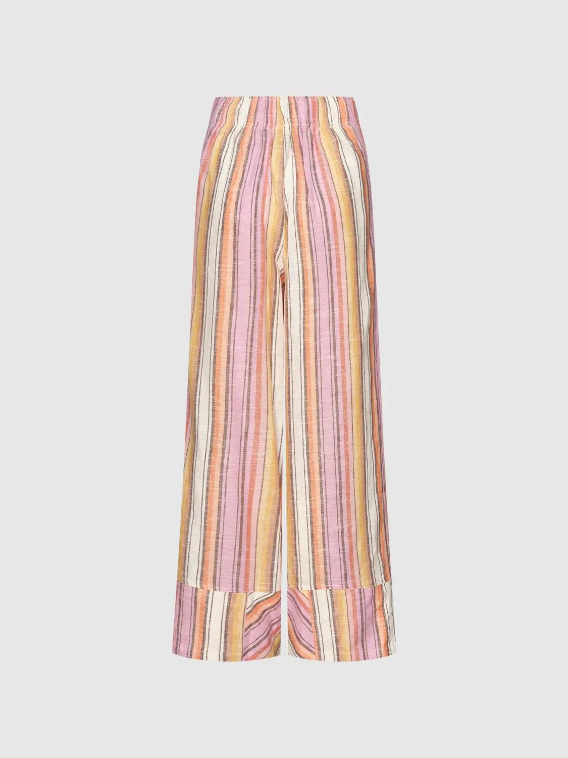 Drawstring Waist Striped Cuffed Linen Blend Wide-leg Pants