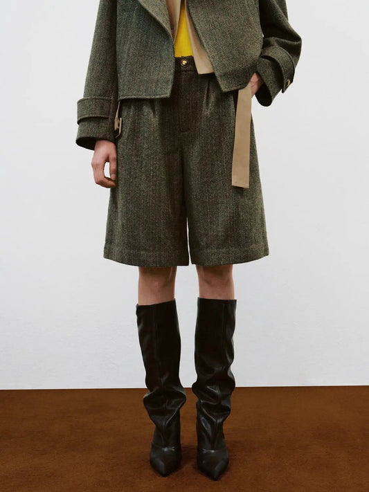 Herringbone Wool Blend Wide-leg Belted Shorts