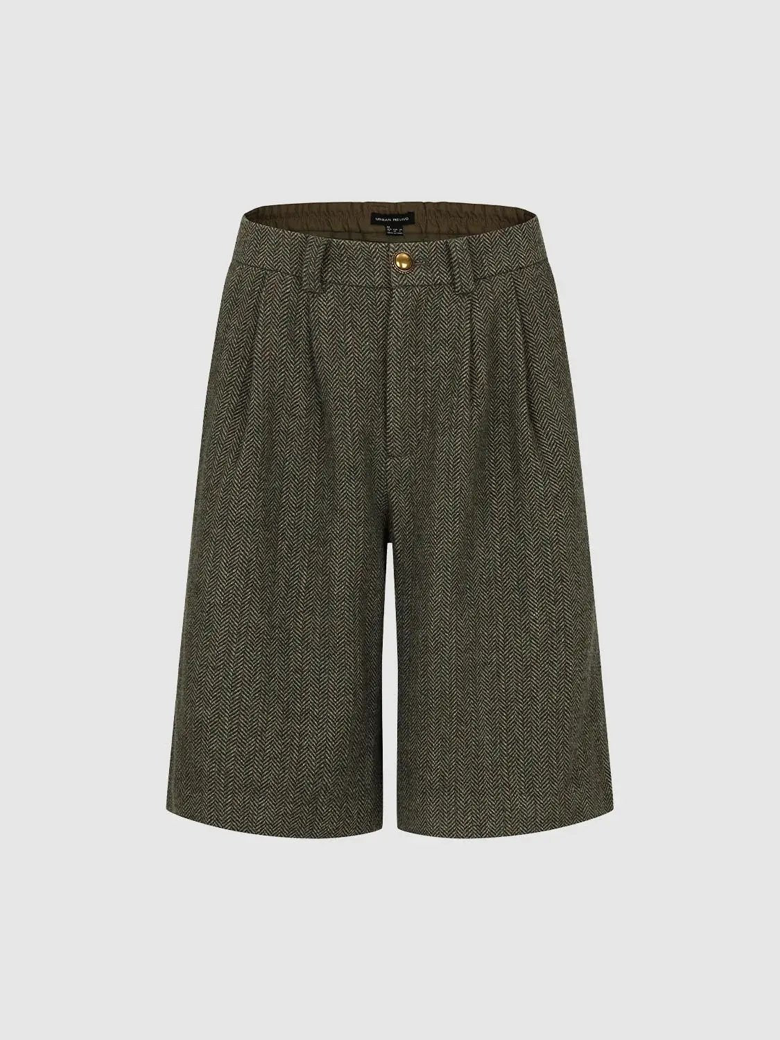 Herringbone Wool Blend Wide-leg Belted Shorts