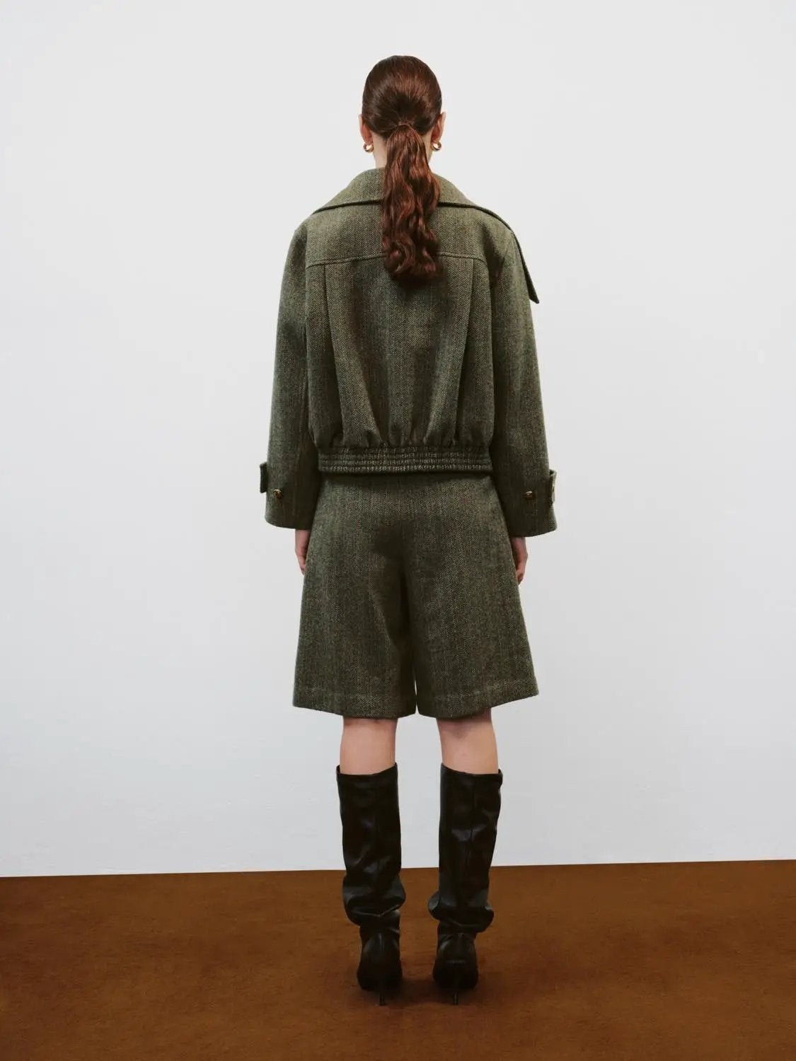 Herringbone Wool Blend Wide-leg Belted Shorts
