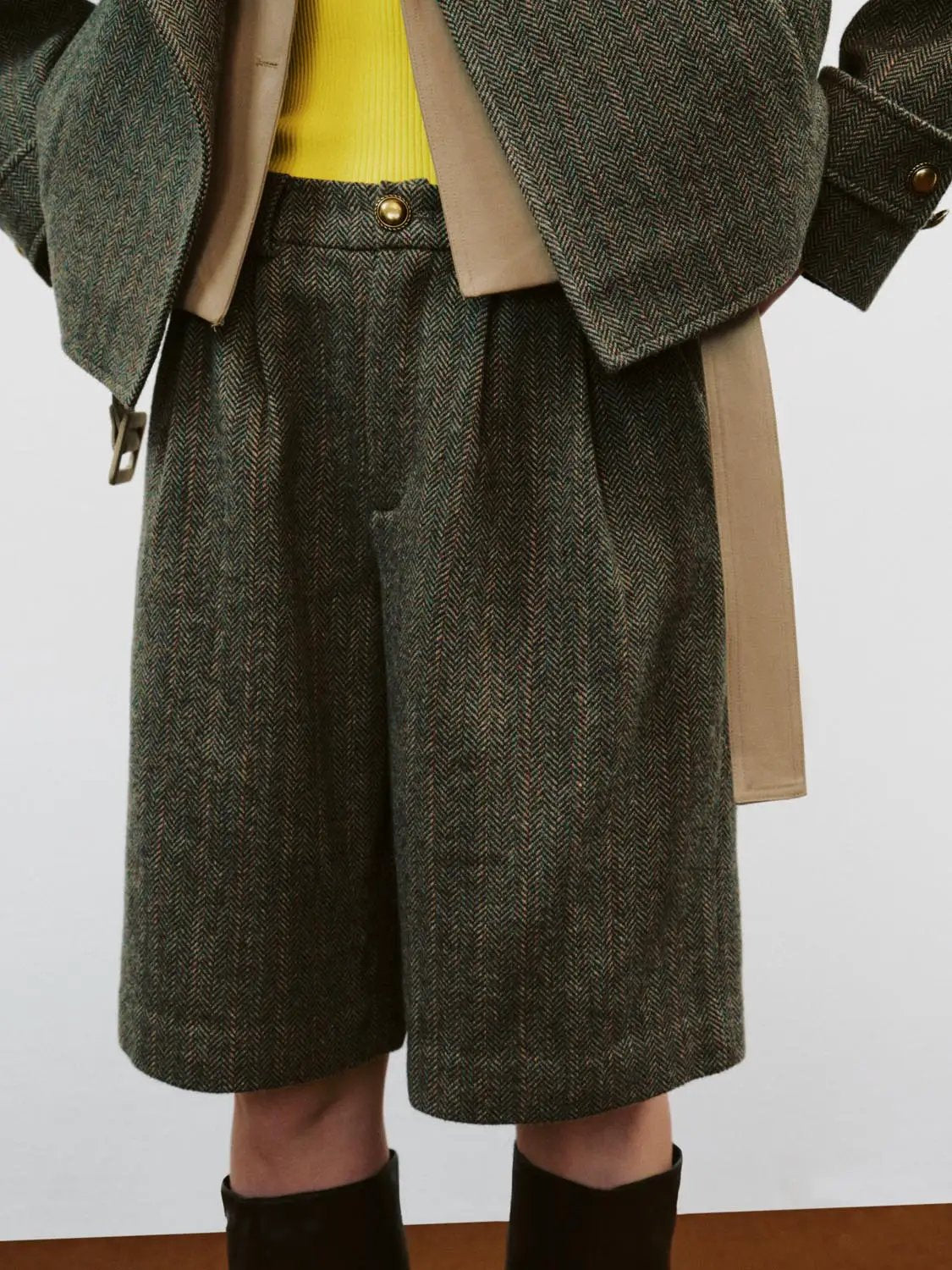 Herringbone Wool Blend Wide-leg Belted Shorts