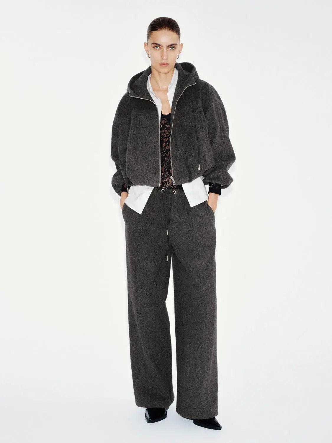 High-waisted Solid Brown Wide-leg Elastic Drawstring Pants