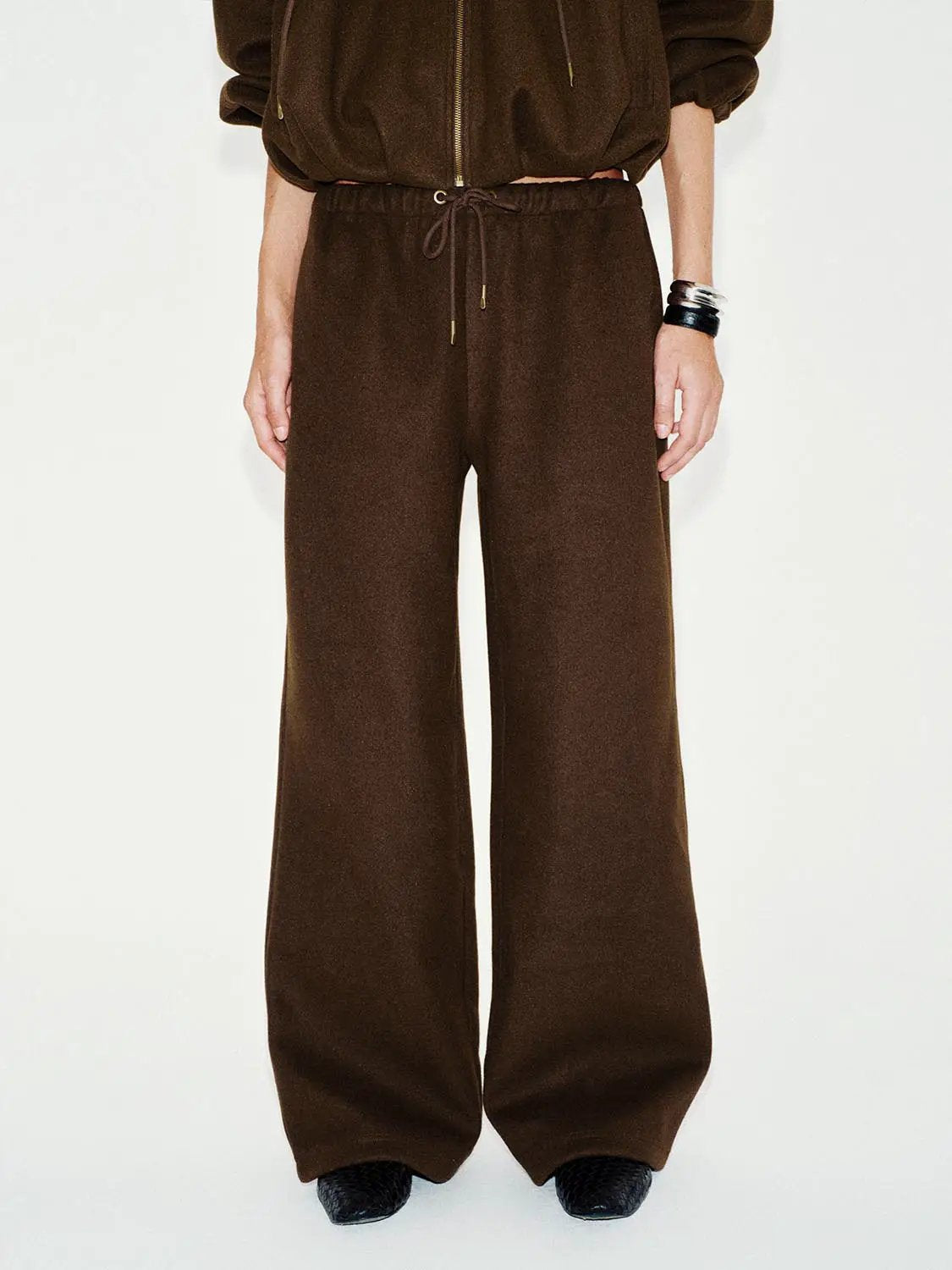 High-waisted Solid Brown Wide-leg Elastic Drawstring Pants