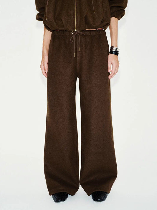 High-waisted Solid Brown Wide-leg Elastic Drawstring Pants