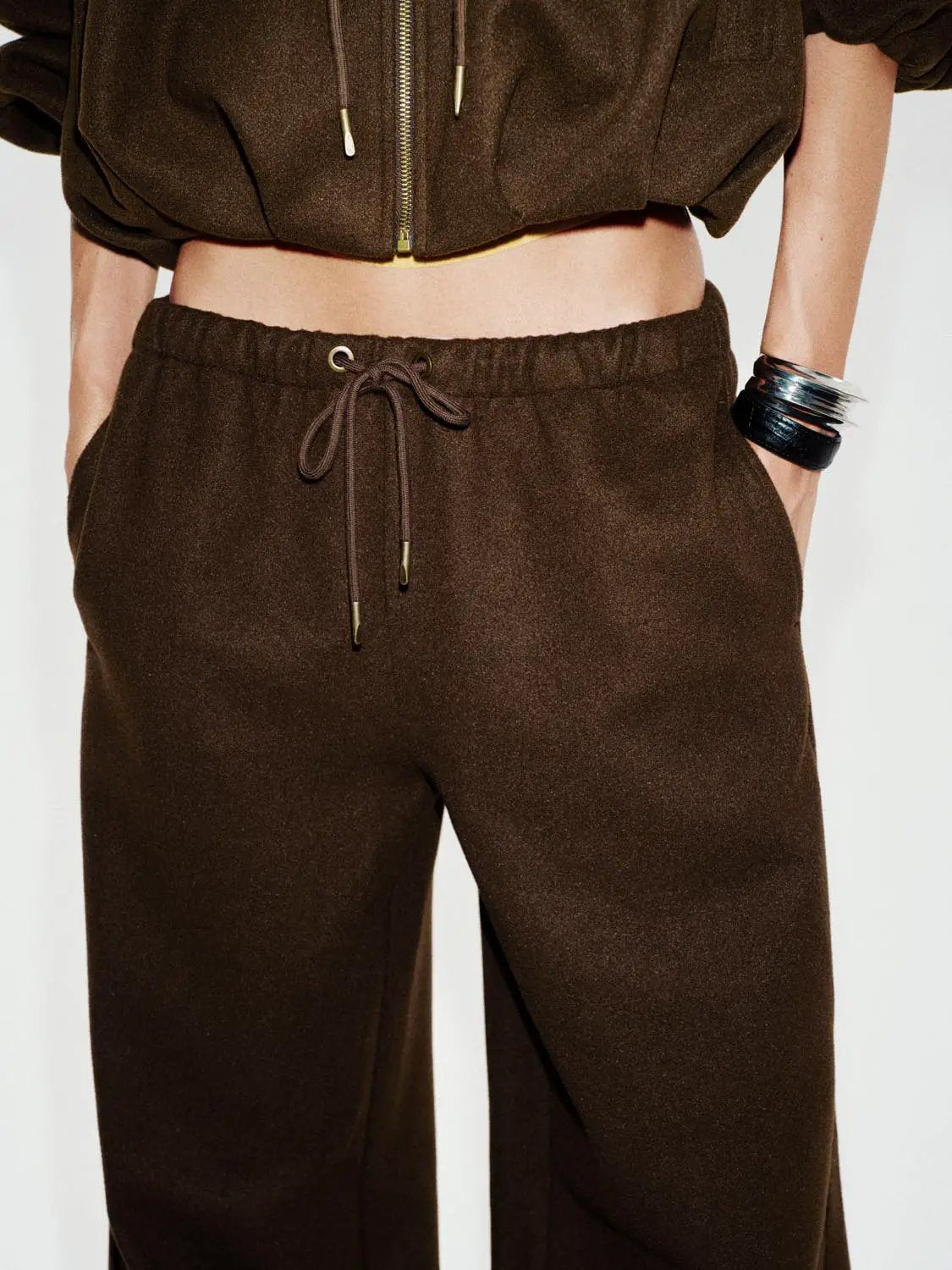 High-waisted Solid Brown Wide-leg Elastic Drawstring Pants
