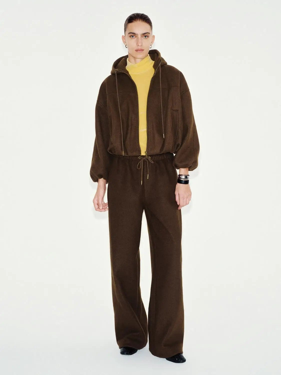 High-waisted Solid Brown Wide-leg Elastic Drawstring Pants