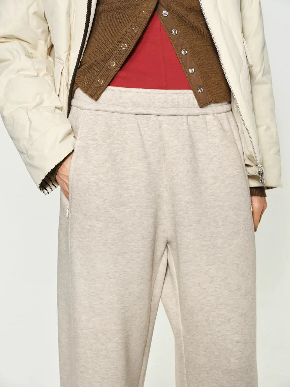 Curved Leg Elastic Waist Cotton Blend Pants
