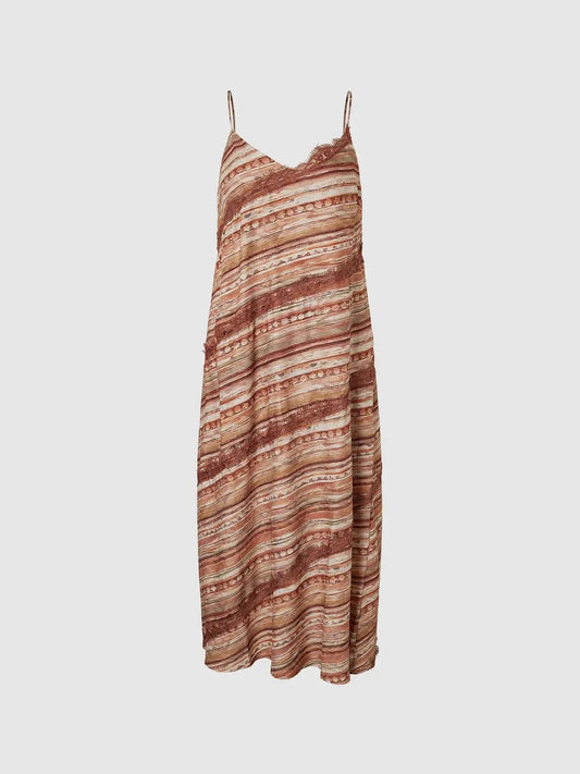 V Neck Lace Trim Stripe Print Spaghetti Strap Midi Dress