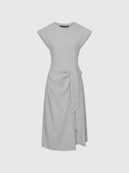 Crew Neck Cap Sleeve Waist Tie Wrap Midi Dress