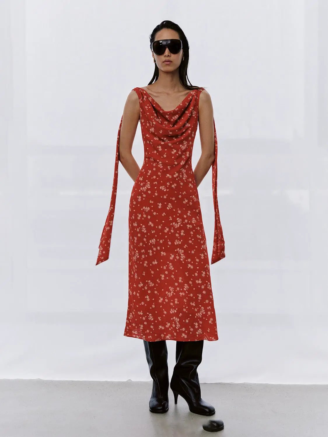 Cowl Neck Sleeveless Floral Print A-Line Midi Dress