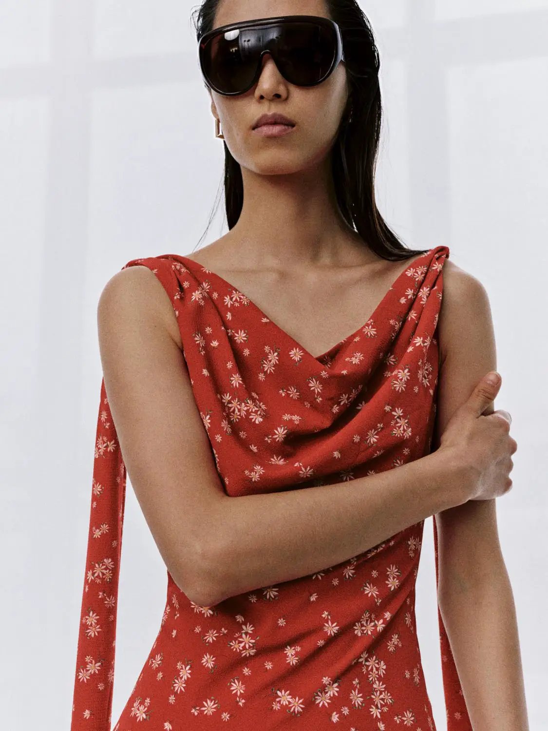Cowl Neck Sleeveless Floral Print A-Line Midi Dress