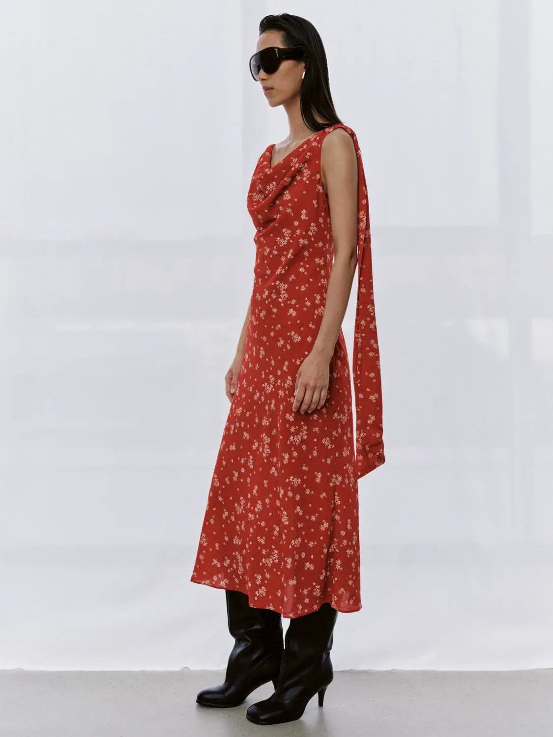 Cowl Neck Sleeveless Floral Print A-Line Midi Dress