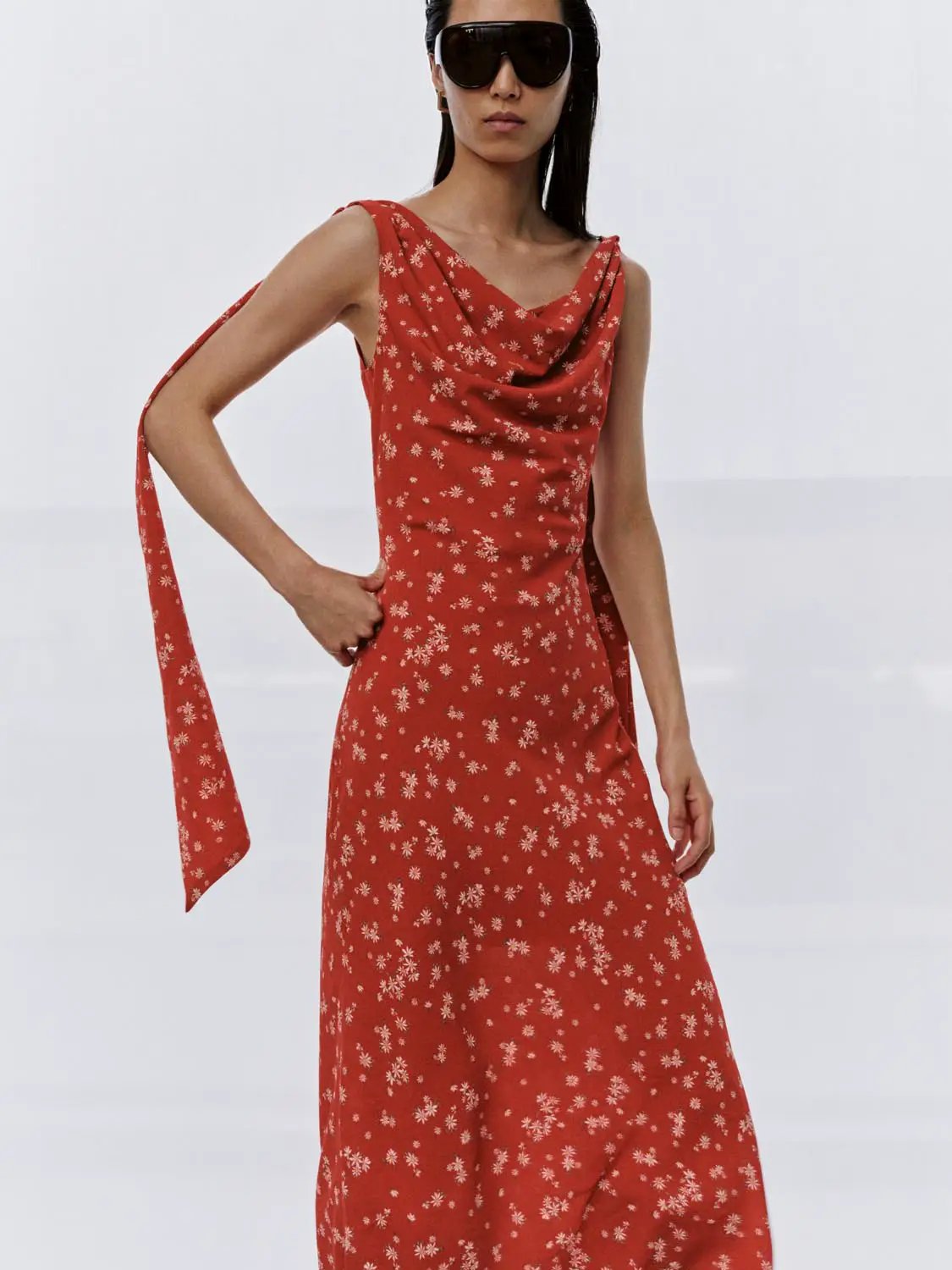 Cowl Neck Sleeveless Floral Print A-Line Midi Dress