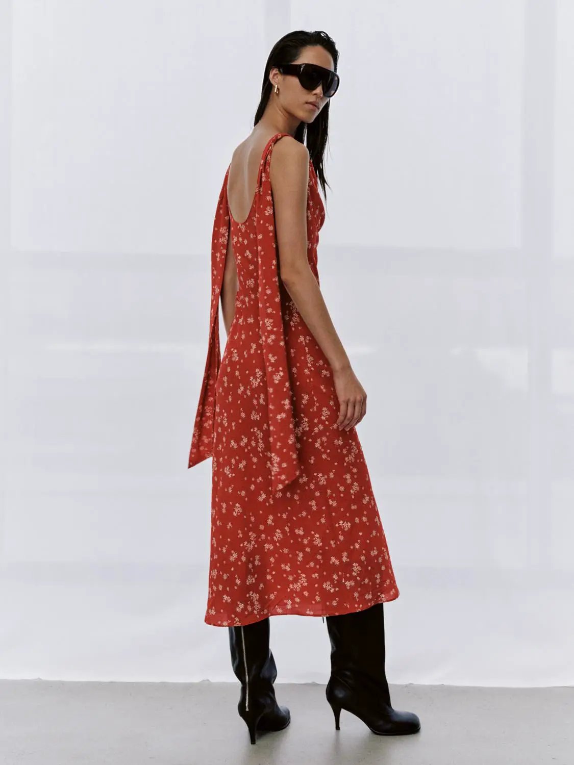 Cowl Neck Sleeveless Floral Print A-Line Midi Dress