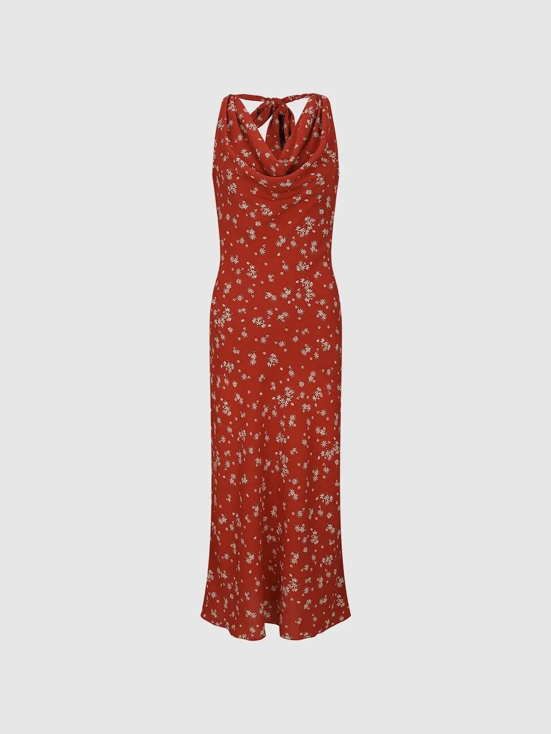 Cowl Neck Sleeveless Floral Print A-Line Midi Dress
