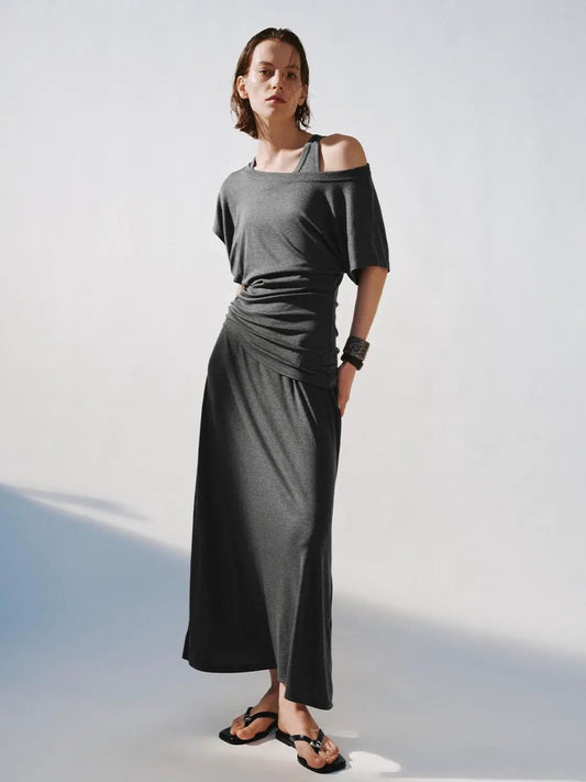 Boat Neck Short Sleeve Strappy Draped Knit Midi Dress