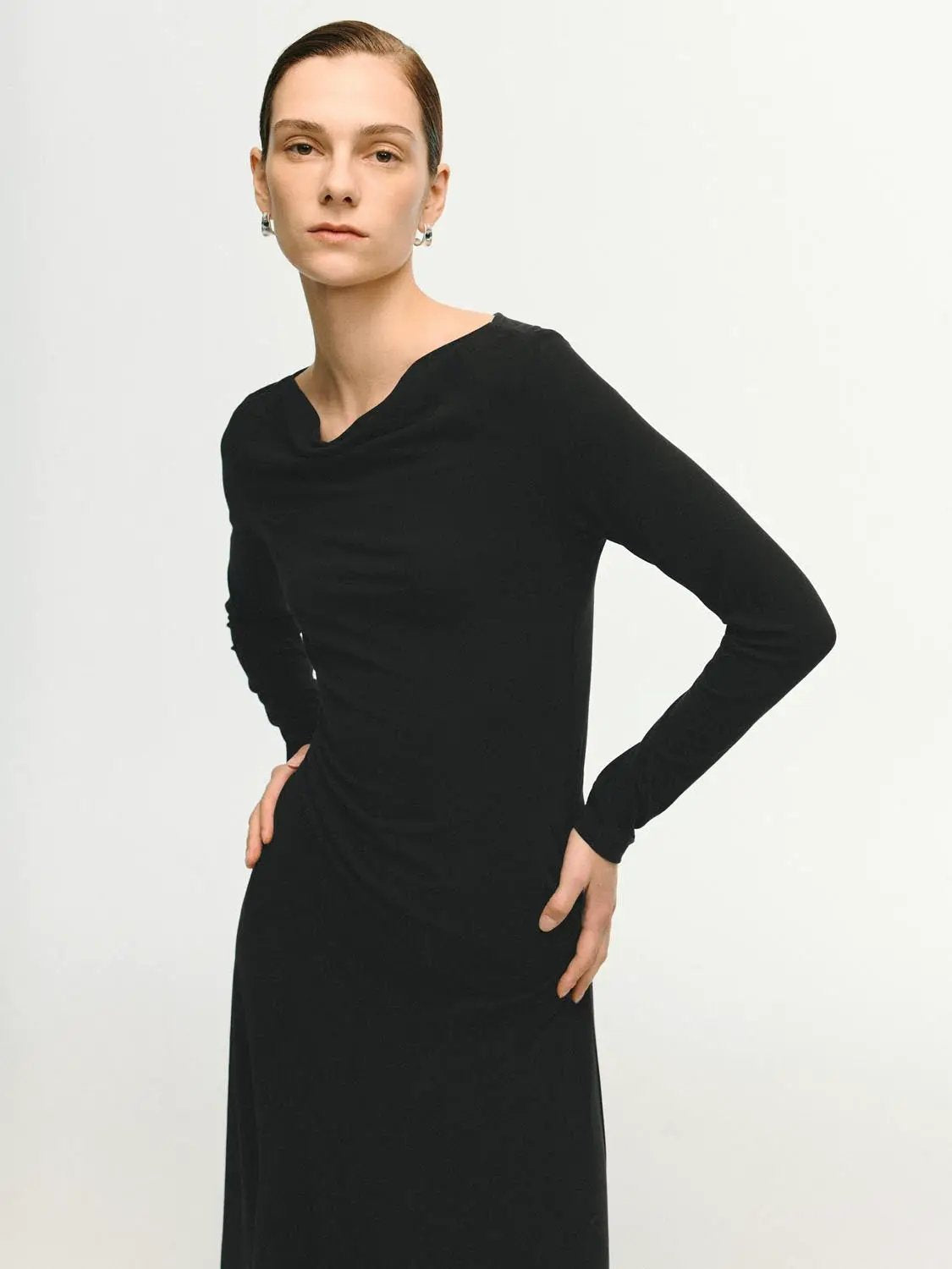 Cowl Neck Ruched Long Sleeve Asymmetric Hem Midi Dress