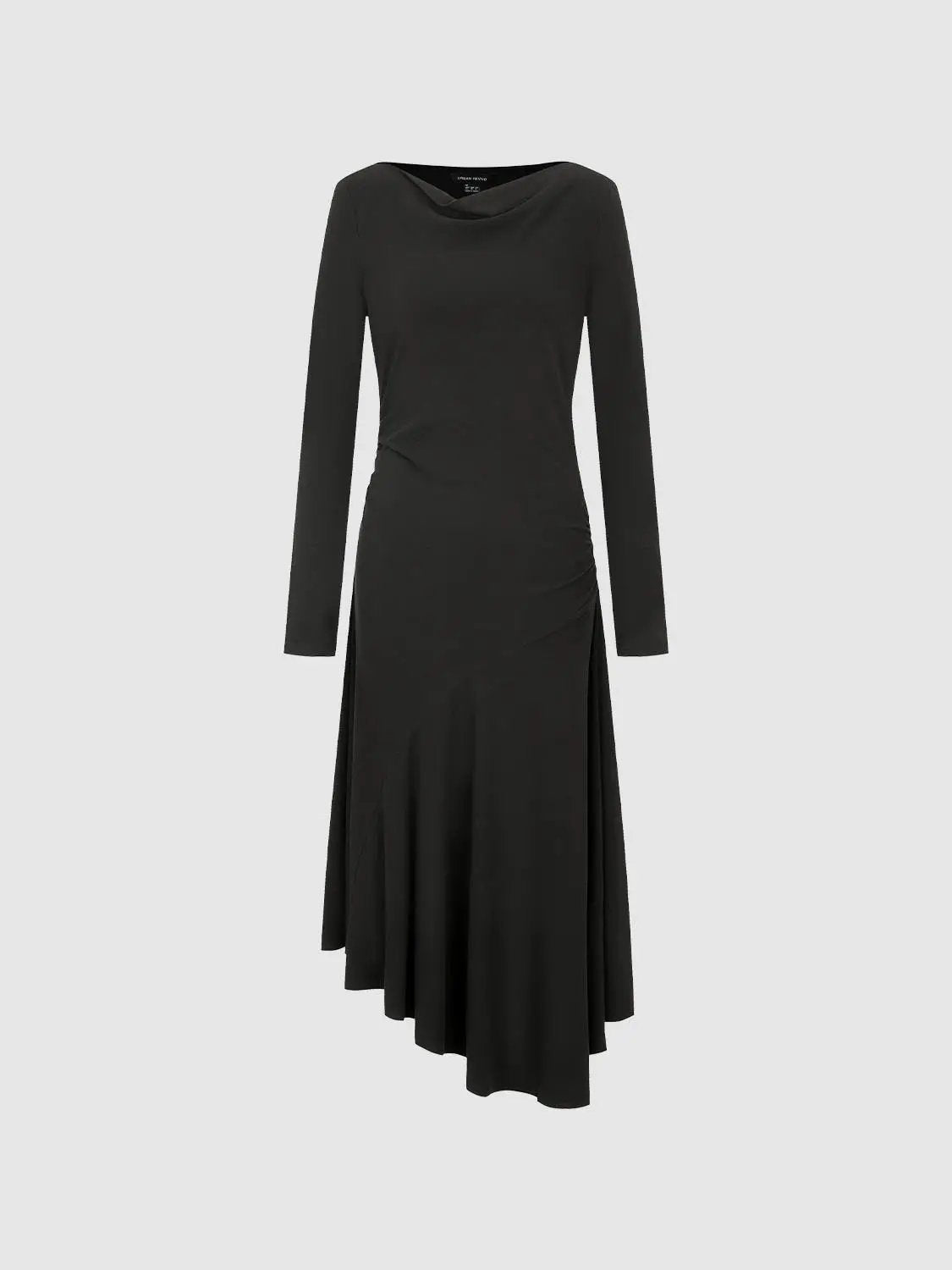 Cowl Neck Ruched Long Sleeve Asymmetric Hem Midi Dress
