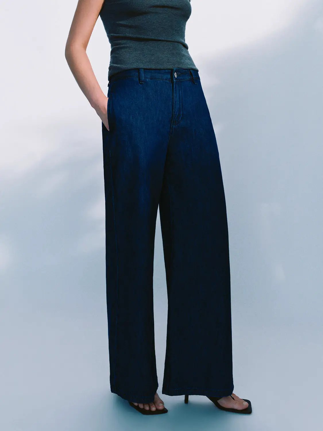 High Waist Textured Fabric Loose Wide Leg Denim Jeans